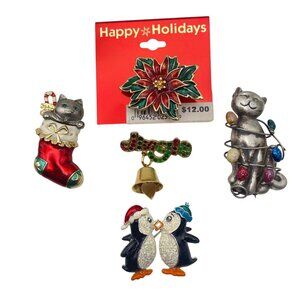 Lot Of 5 Holiday Brooch Pins Vintage To Modern Festive Cat Penguin Poinsettia